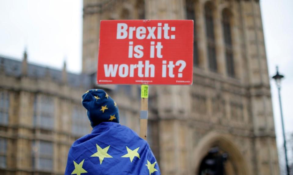 An anti-Brexit demonstrator outside the Houses of Parliament.