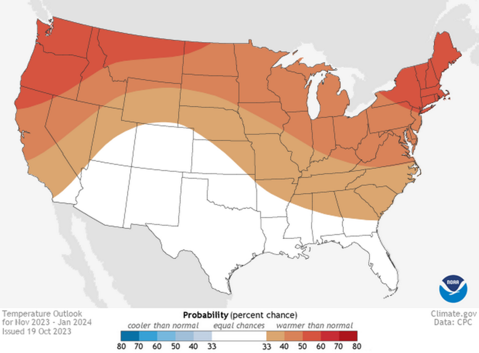 Meteorologists say that while an El Niño is expected to bring higher-than-normal amounts of precipitation to North Carolina this winter, there also is a 30% to 40% chance that temperatures will be warmer than normal. The occasional winter storm still could bring snow, but it’s too early to say whether N.C. could get a white Christmas.