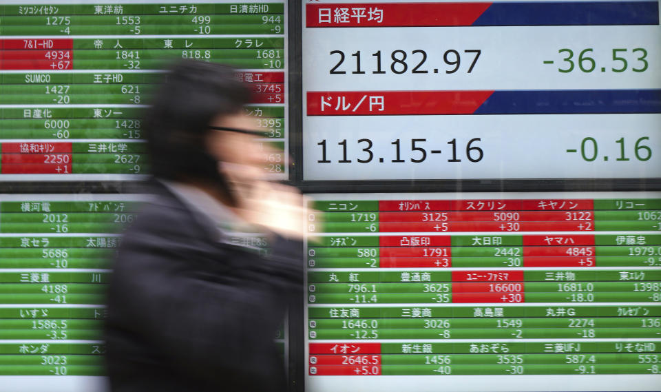 A man walks past an electronic stock board showing Japan's Nikkei 225 index at a securities firm in Tokyo Tuesday, Dec. 11, 2018. Asian markets were mixed Tuesday in narrow trading on doubts that U.S. and China would be able to resolve a crippling trade dispute and weak economic data closer to home. (AP Photo/Eugene Hoshiko)