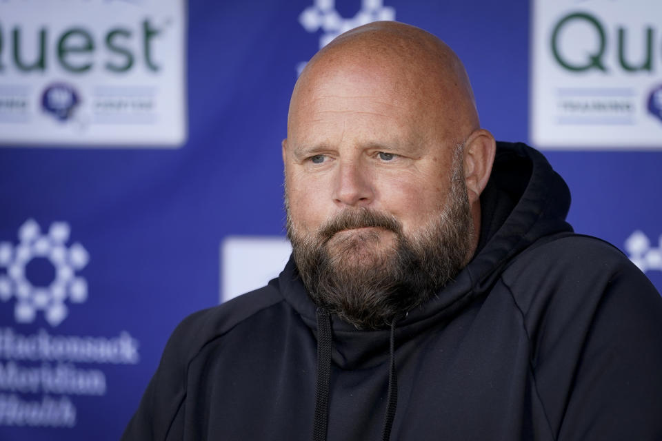 New York Giants head coach Brian Daboll speaks to members of the media at the NFL football team's practice facility, Thursday, May 25, 2023, in East Rutherford, N.J. (AP Photo/John Minchillo)