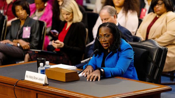 PHOTO: Ketanji Brown Jackson, associate justice of the U.S. Supreme Court nominee for U.S. President Joe Biden, speaks during a Senate Judiciary Committee confirmation hearing in Washington, March 23, 2022. (Bloomberg via Getty Images)