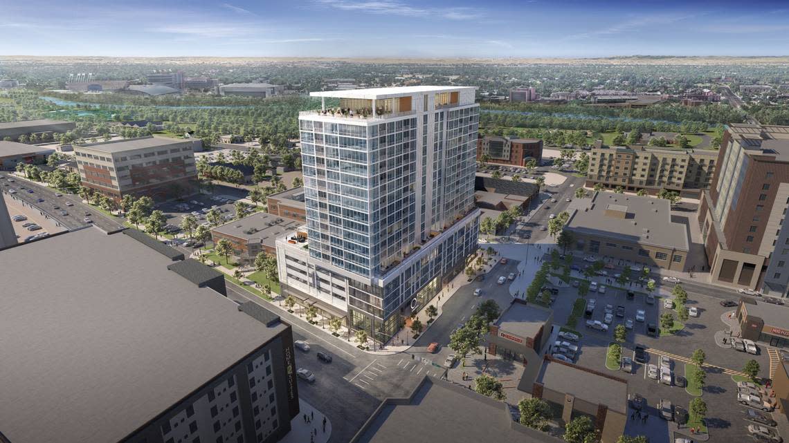 A rendering shows a proposed 19-story building at 521 W. Front St. The developer hoped construction on the project would begin by June 2022, but that hasn’t happened.