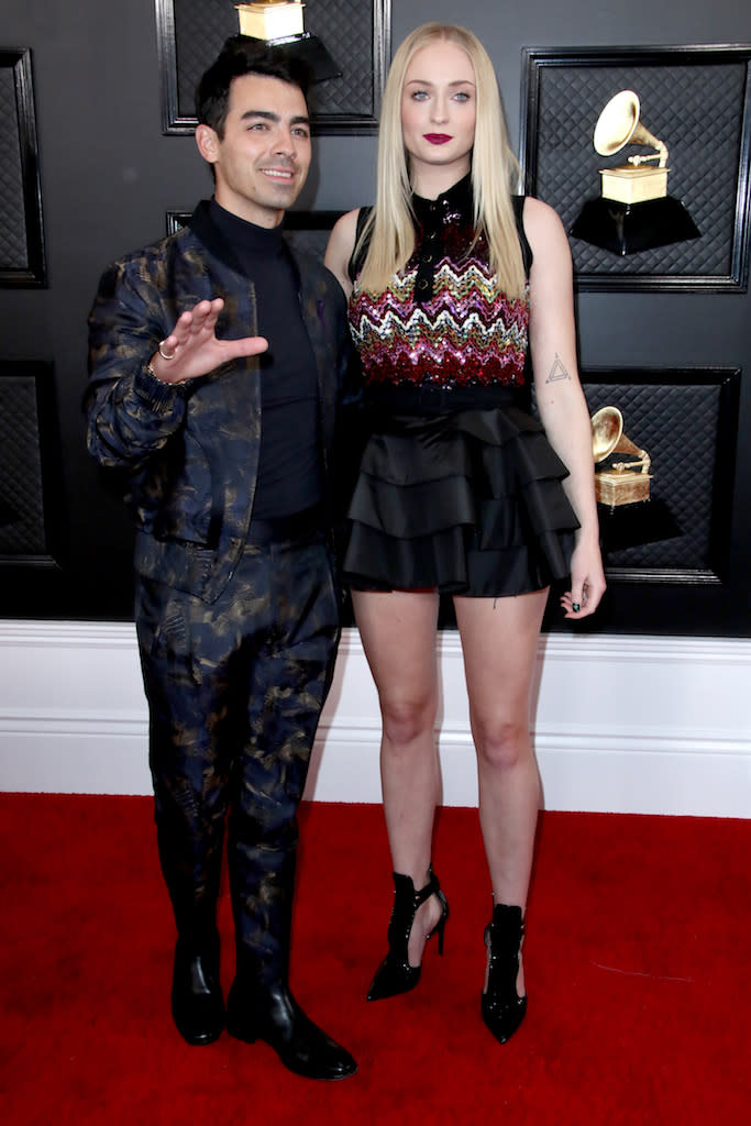 Joe Jonas and Sophie Turner 62nd Annual Grammy Awards, Arrivals, Los Angeles, USA - 26 Jan 2020 Wearing Louis Vuitton Same Outfit as catwalk model *10431907a (Sophie)