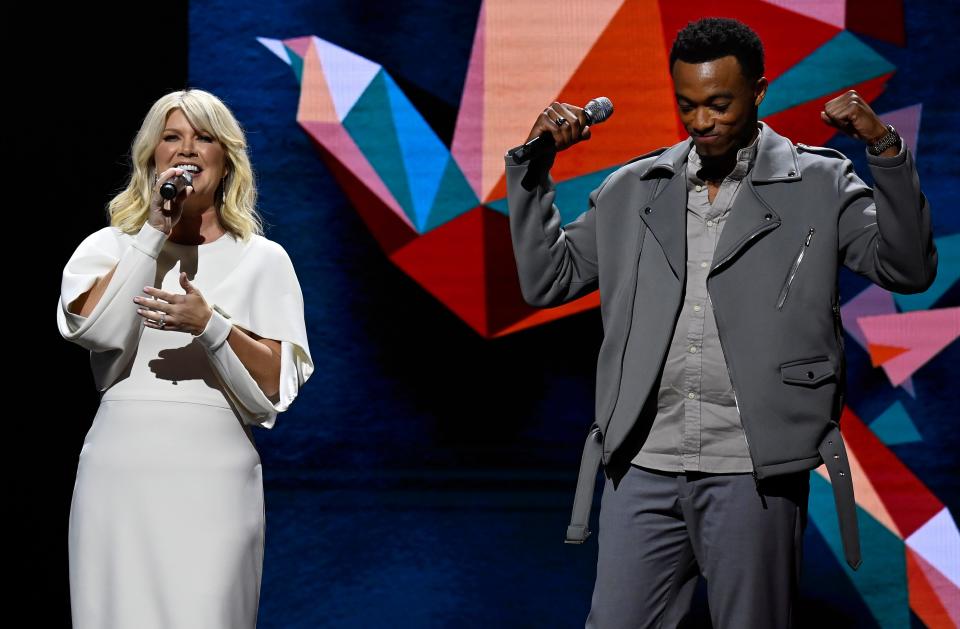 52nd GMA Dove Awards hosts, Natalie Grant and Jonathan McReynolds welcome the audience on Tuesday, October 19, 2021, in Nashville, Tenn. 