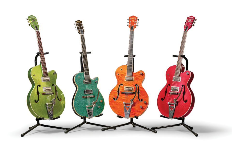 Gretsch Glitz. (from left) The Green Sparkle Hot Rod, 1957/’58 Blue Sparkle Duo Jet, 1960 6120  and Candy Magenta Hot Rod