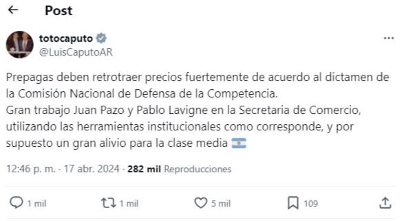 Luis Caputo celebró la decisión que ordena a las prepagas a bajar las cuotas