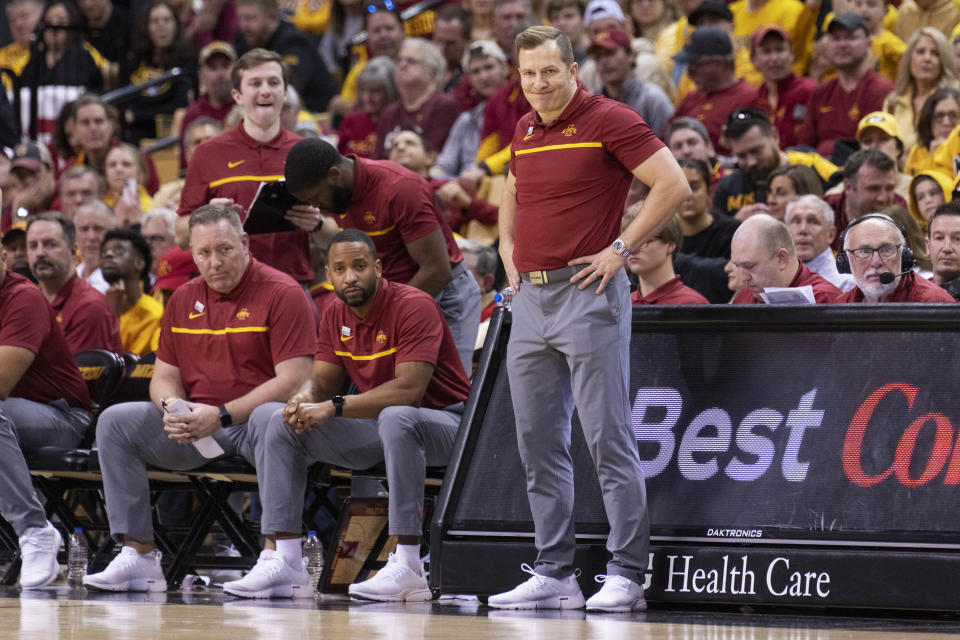 Iowa State head coach T.J. Otzelberger, right, grimaces as he watches his team play late during the second half of an NCAA college basketball game against Missouri, Saturday, Jan. 28, 2023, in Columbia, Mo. Missouri won 78-61.(AP Photo/L.G. Patterson)