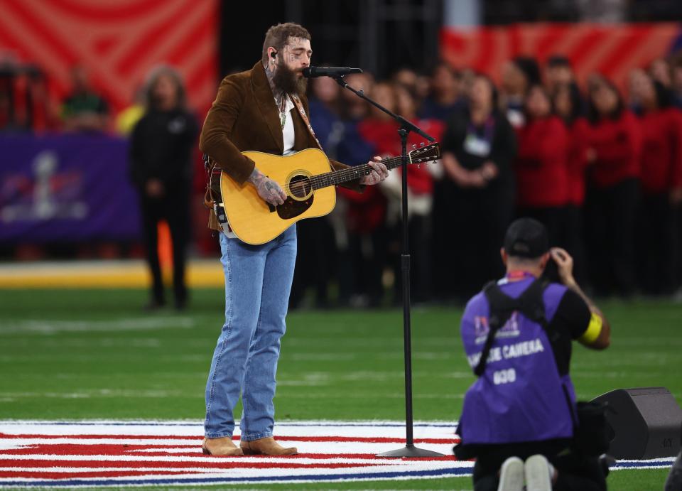 Recording artist Post Malone performs before Super Bowl LVIII between the Kansas City Chiefs and the San Francisco 49ers on Feb. 11 at Allegiant Stadium. Could he be headed to RiverBeat Music Festival in Memphis?