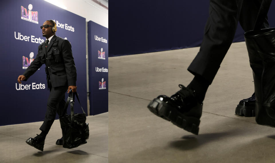 LAS VEGAS, NEVADA - FEBRUARY 11: Deebo Samuel #19 of the San Francisco 49ers arrives prior to Super Bowl LVIII against the Kansas City Chiefs at Allegiant Stadium on February 11, 2024 in Las Vegas, Nevada. (Photo by Steph Chambers/Getty Images)