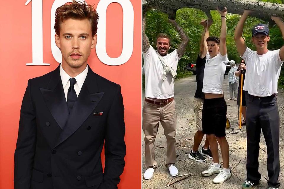 <p>Victoria Beckham/Instagram</p> Austin Butler joined David Beckham to help lift a fallen tree to allow drivers in Canada to pass along the road.