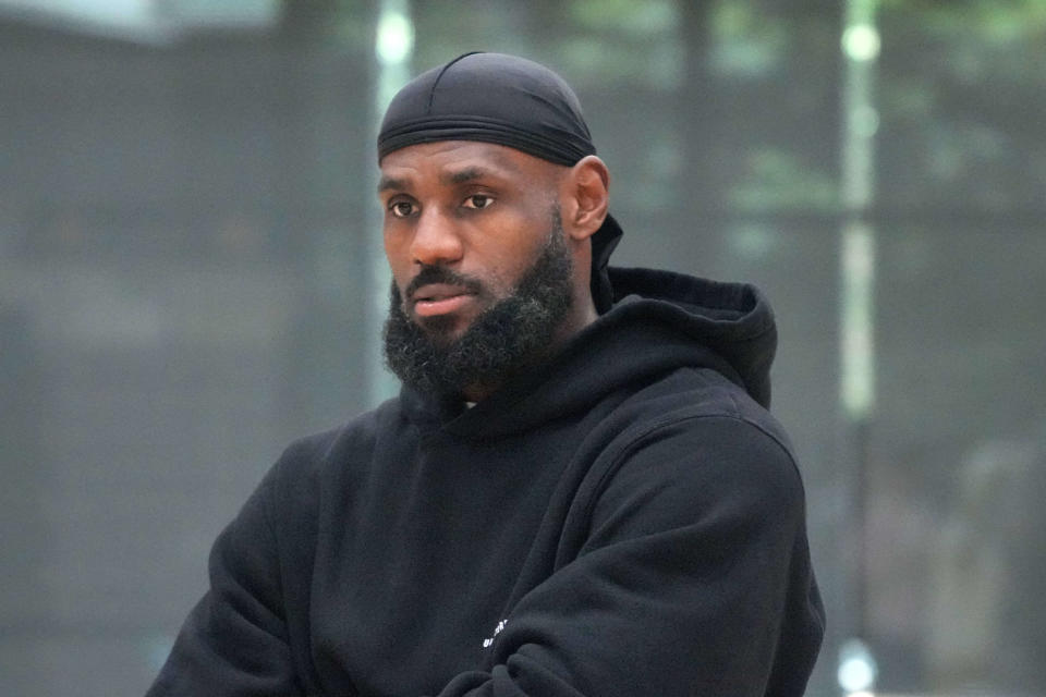 Lakers forward LeBron James looks on at a news conference at the UCLA Health Training Center in El Segundo, California on July 2, 2024.