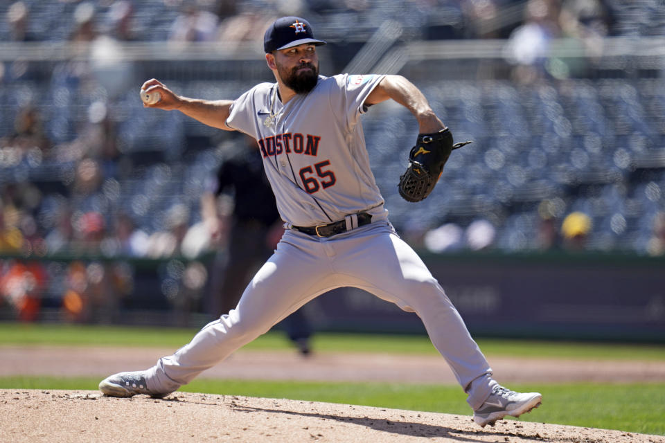 Houston Astros starting pitcher Jose Urquidy delivers during the first inning of a baseball game against the Pittsburgh Pirates in Pittsburgh, Wednesday, April 12, 2023. (AP Photo/Gene J. Puskar)
