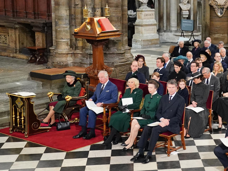 <p>The Queen joined other members of the Royal Family at a service of thanksgiving for the life of the Duke of Edinburgh at Westminster Abbey in London on 29 March 2022. (PA)</p> 