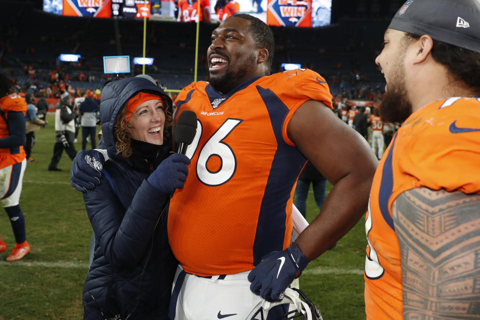 FILE - Denver Broncos defensive tackle Shelby Harris talks after an NFL football game against the Oakland Raiders, Dec. 29, 2019, in Denver. The Cleveland Browns are signing veteran free agent defensive tackle Harris, a person familiar with the negotiations told The Associated Press on Wednesday, Aug. 8, 2023. (AP Photo/David Zalubowski, File)