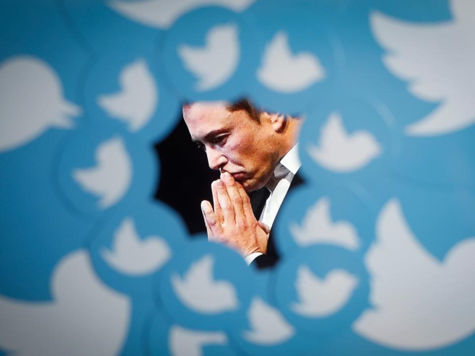 An image of new Twitter owner Elon Musk is seen surrounded by Twitter logos in this photo illustration.