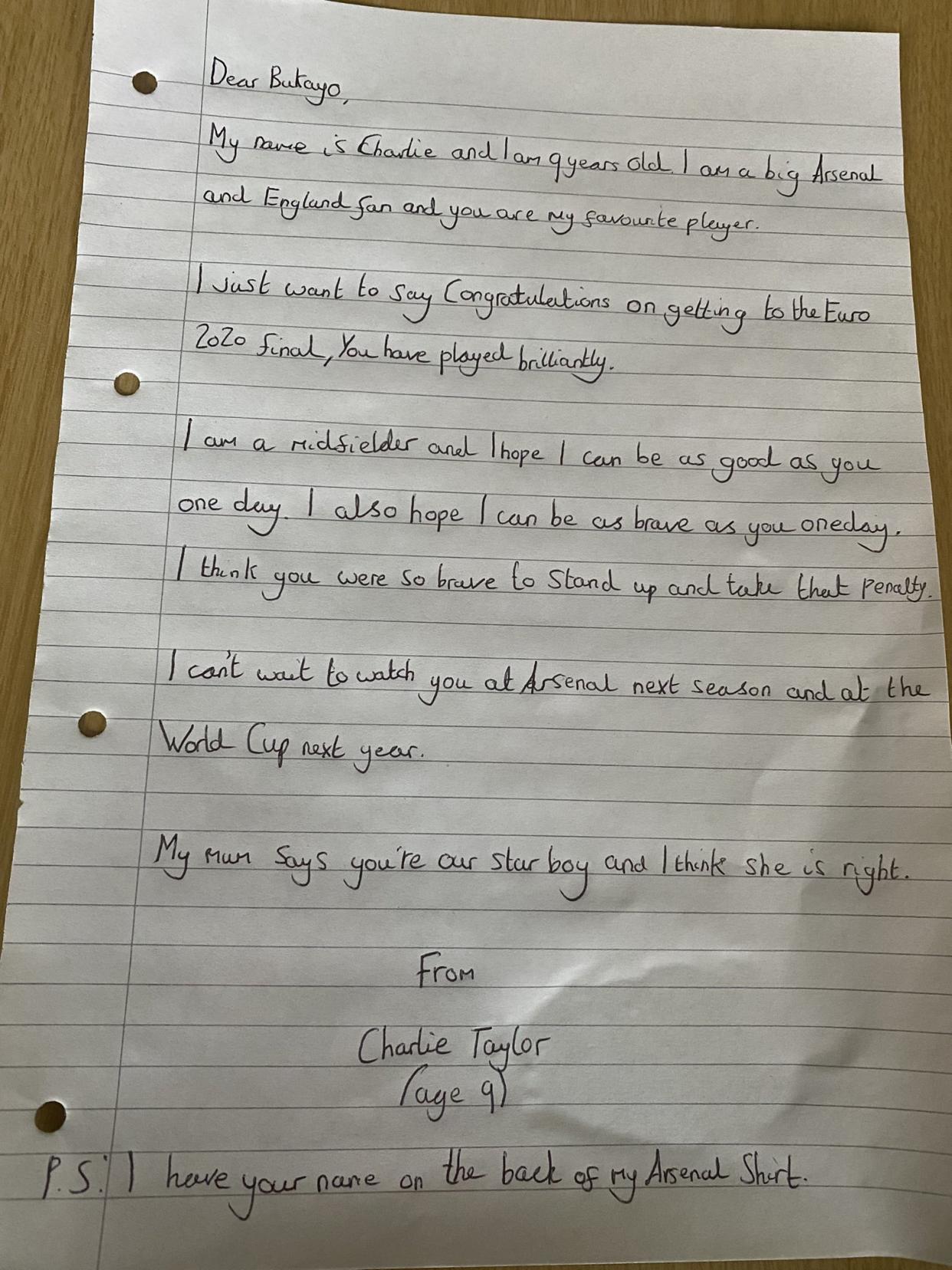 Charlie’s handwritten letter to Saka (Amy Taylor)