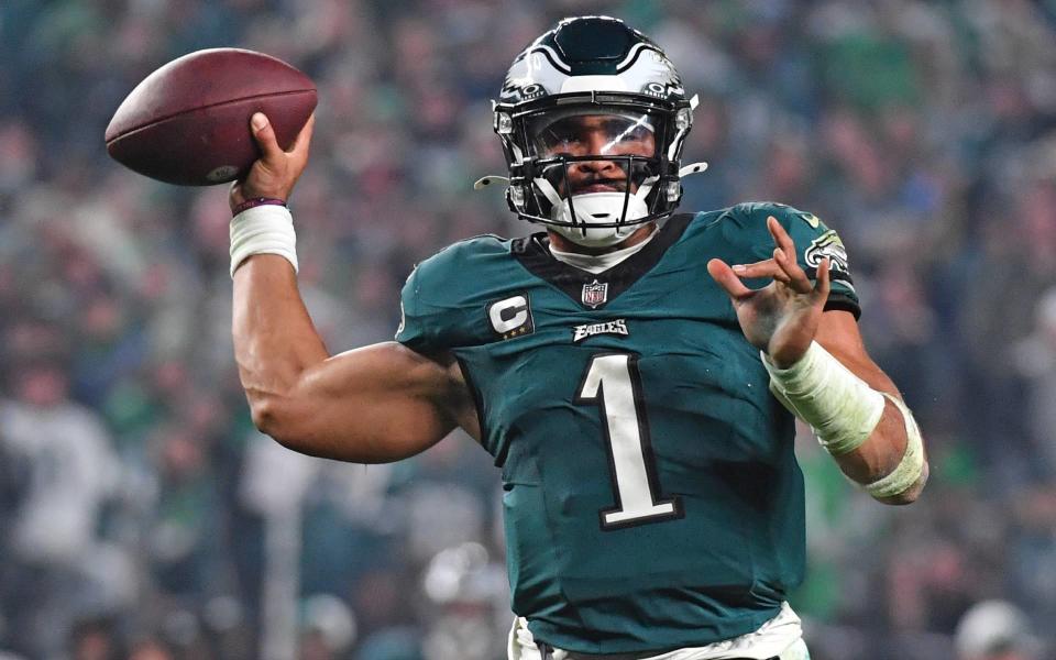 Dec 3, 2023; Philadelphia, Pennsylvania, USA; Philadelphia Eagles quarterback Jalen Hurts (1) throws a pass against the San Francisco 49ers during the fourth quarter at Lincoln Financial Field. Mandatory Credit: Eric Hartline-USA TODAY Sports