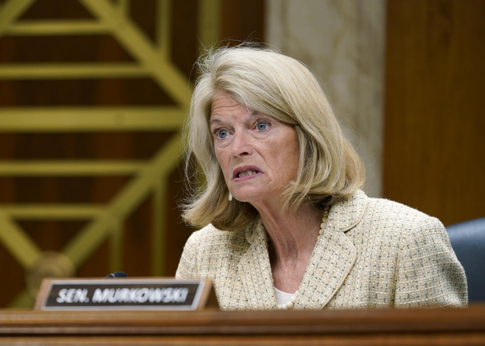 FILE - Sen. Lisa Murkowski, R-Alaska, questions Interior Secretary Haaland during a Senate Appropriations subcommittee hearing on the budget on July 13, 2022, on Capitol Hill in Washington. Murkowski on Wednesday, Nov. 23, defeated fellow Republican Kelly Tshibaka, who was backed by Trump, to win her fourth term in office. (AP Photo/Mariam Zuhaib, File)