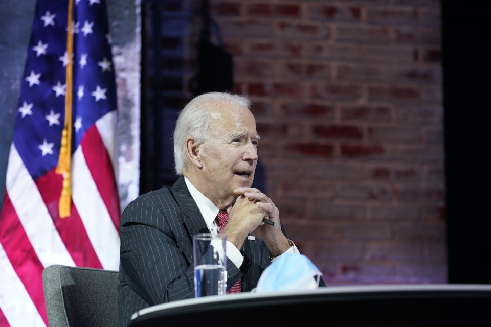 President-elect Joe Biden participates in a meeting with the National Governors Association's executive committee at The Queen theater, Thursday, Nov. 19, 2020, in Wilmington, Del. (AP Photo/Andrew Harnik)