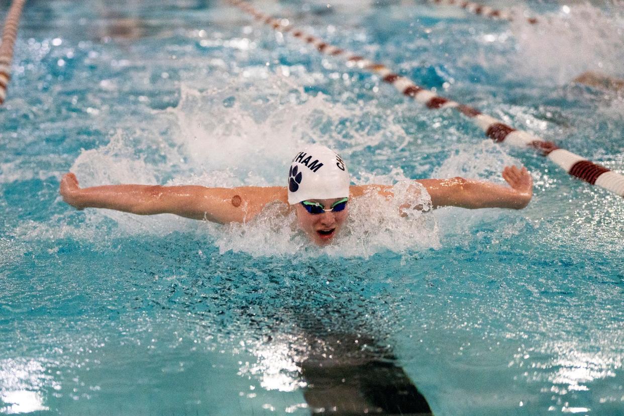 Jan 17, 2024; Morristown, NJ, USA; Chatham goes up against Morristown in a Southern 2 swim meet at Morristown High School pool on Wednesday. Chatham's Charlie Kulp in the boys 100 butterfly.