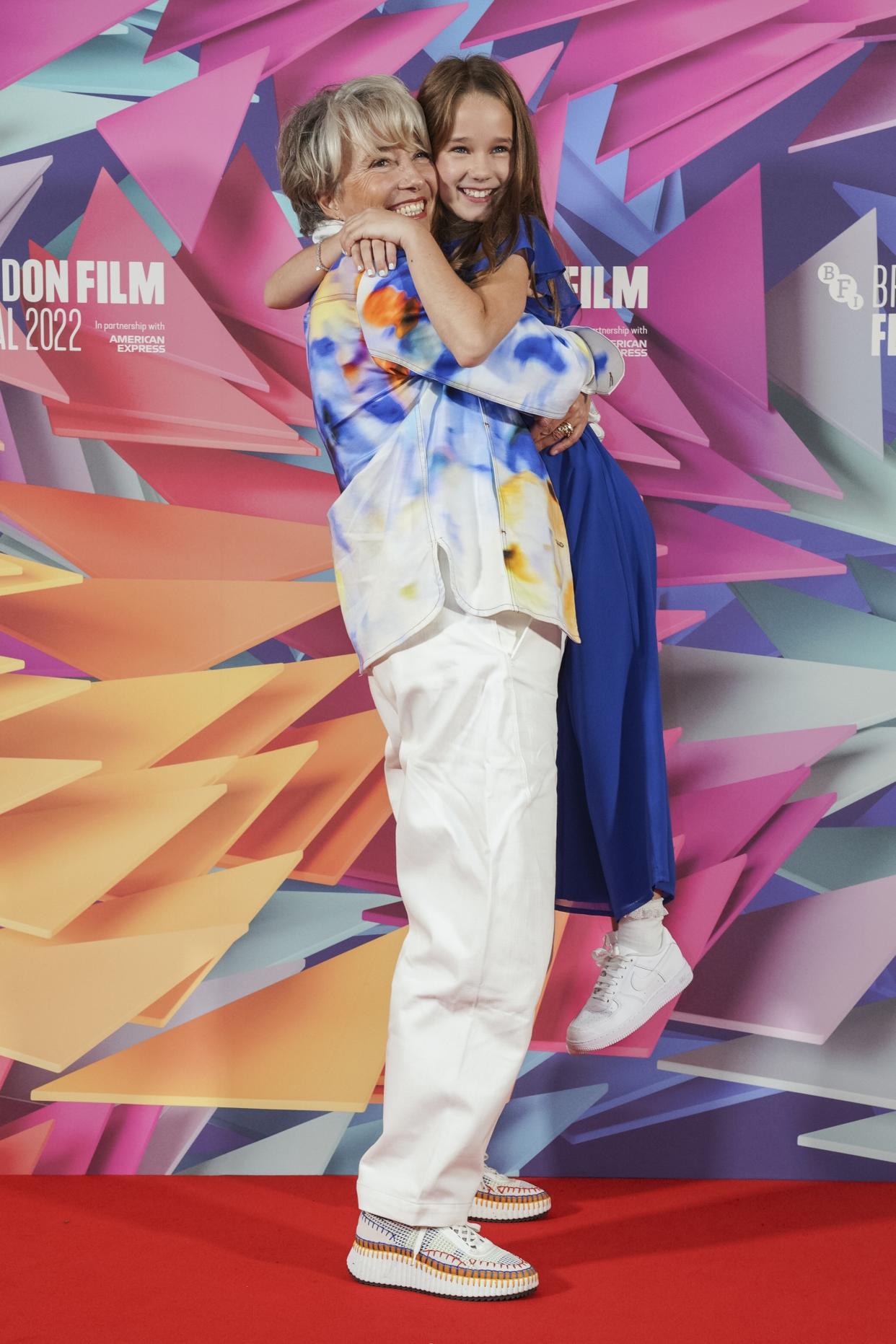 Emma Thompson, left, and Alisha Weir pose for photographers at the photo call for the film 'Roald Dahl's Matilda The Musical' during the 2022 BFI London Film Festival in London, Wednesday, Oct. 5, 2022. (Photo by Scott Garfitt/Invision/AP)