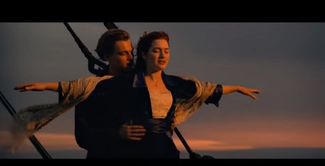 Recreate the flying scene from 'Titanic' on 'Titanic II'