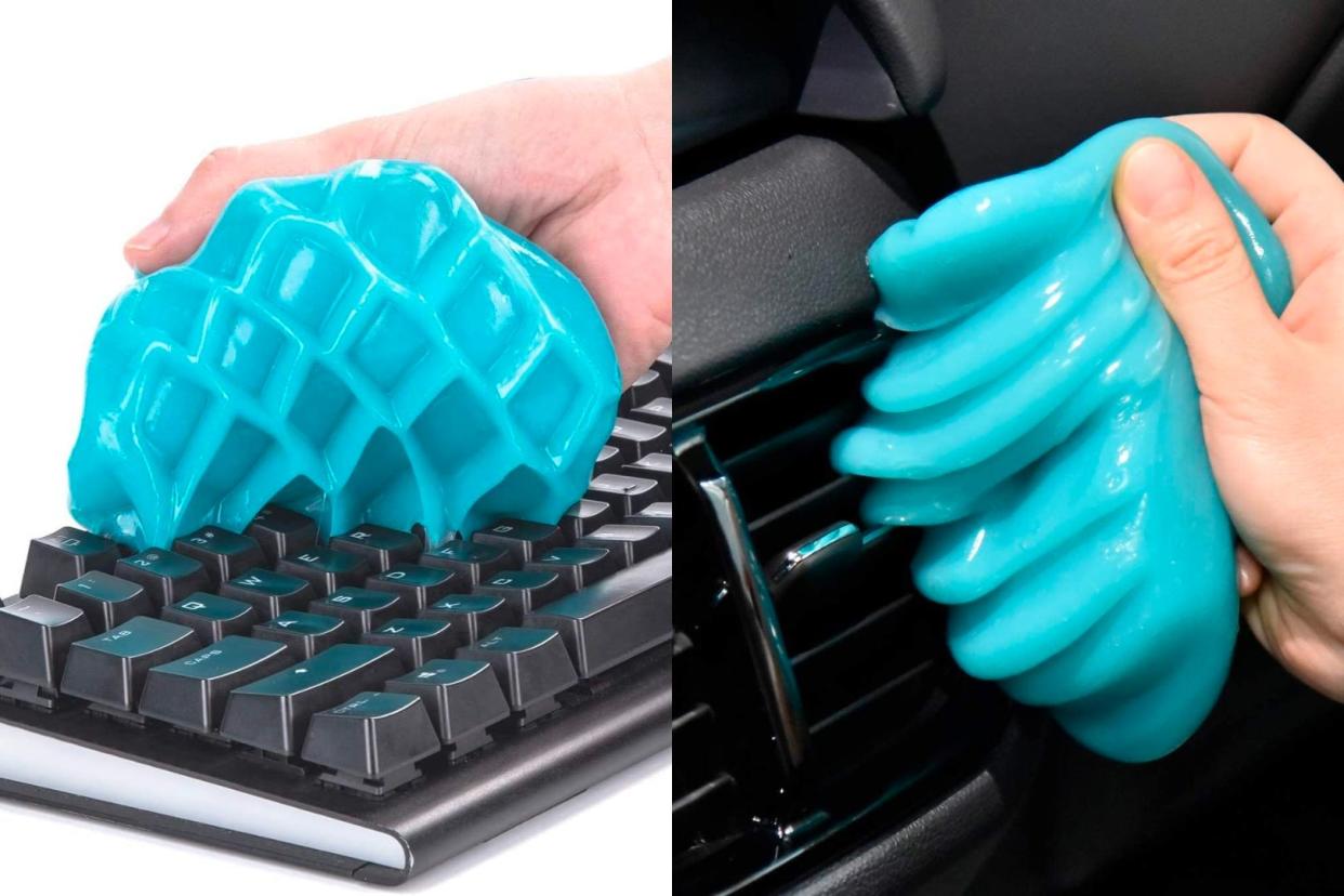 someone using the car cleaning gel from Amazon on a keyboard and a car vent