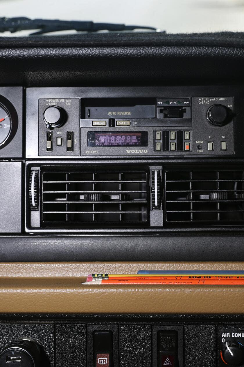 A close-up of the interior of the Volvos's door.