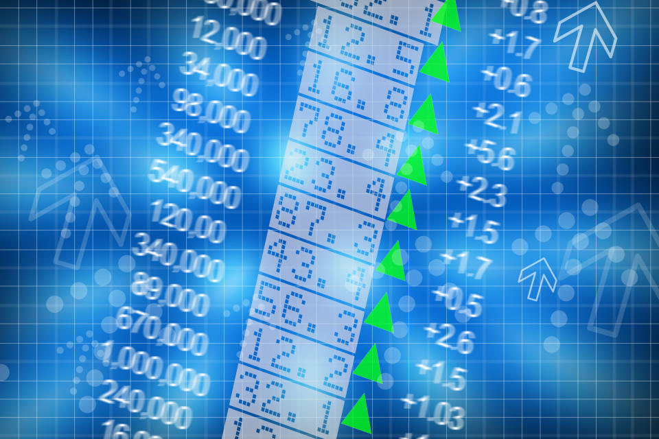 Columns of stock prices and up arrows.