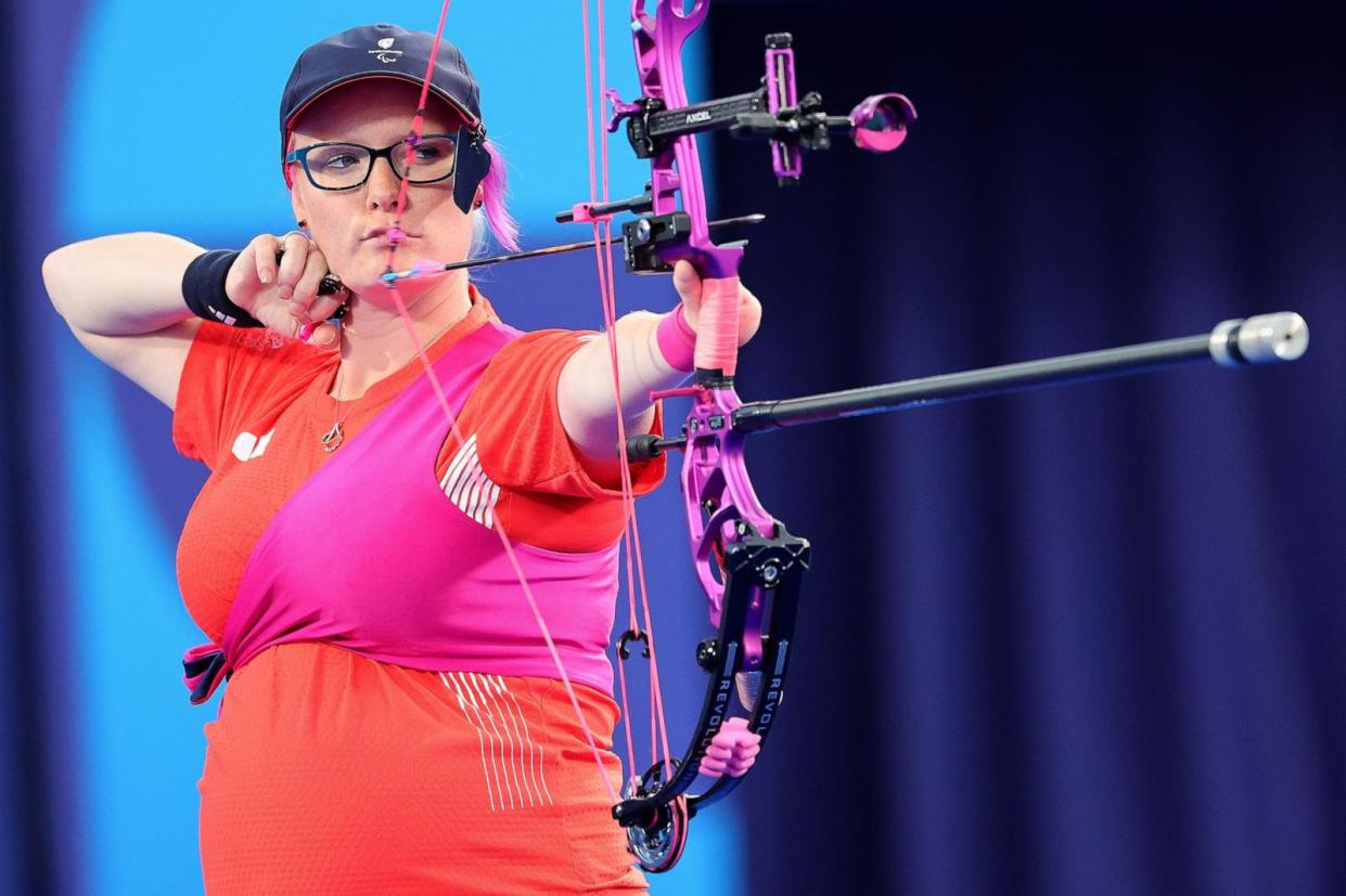 PHOTO: Jodie Grinham of Great Britain competes in the Para Archery women's individual compound open bronze medal contest at the 2024 Paris Paralympic Games, Aug. 31, 2024. (Alex Slitz/Getty Images)