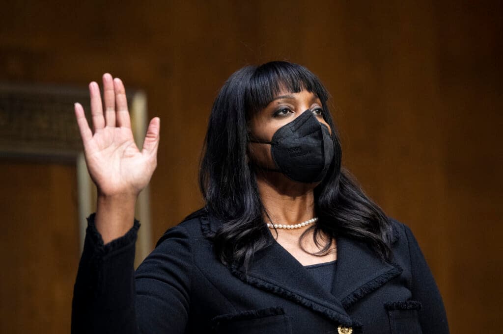 Lisa DeNell Cook, nominee to be a member of the Federal Reserve Board of Governors, is sworn in during the Senate Banking, Housing and Urban Affairs Committee confirmation hearing on February 3, 2022 in Washington, DC. (Photo by Bill Clark-Pool/Getty Images)