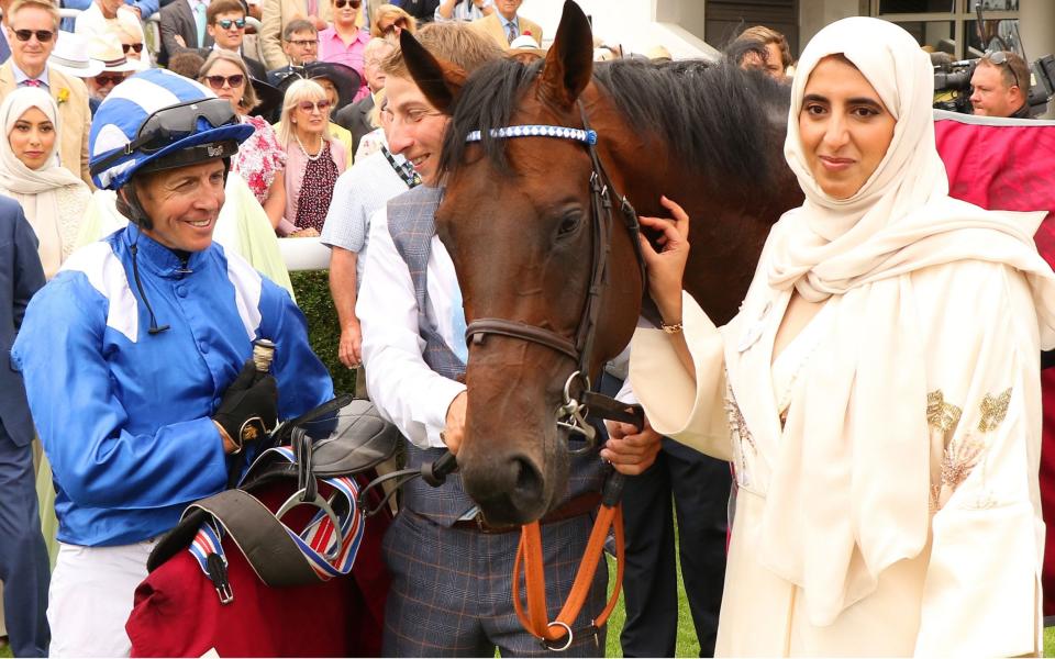 Baaeed with jockey Jim Crowley and  Sheikha Hissa at Glorious Goodwood