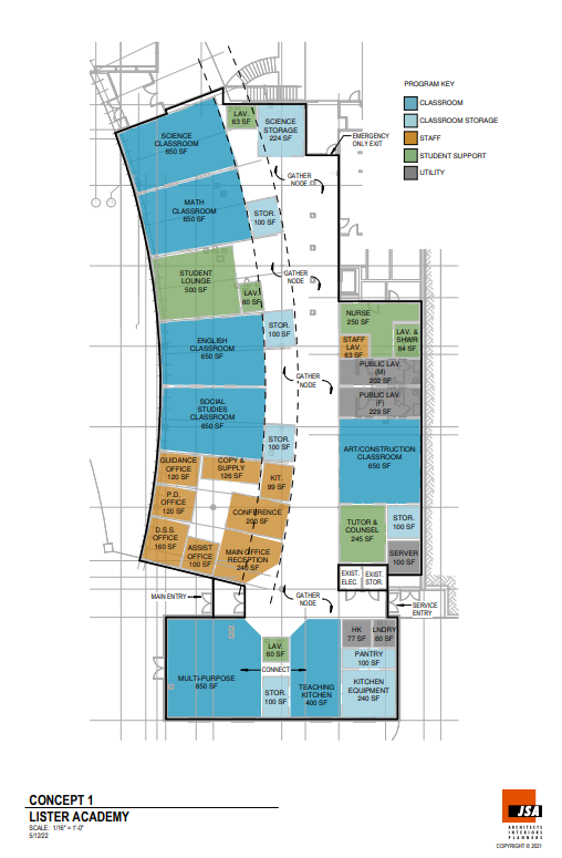 The Portsmouth school district and JSA Architects conducted a space needs analysis of the Community Campus and what renovations are needed for it to accommodate the city's Robert J. Lister Academy. Here is a concept design of what the alternative high school program's layout could be in the Community Campus.