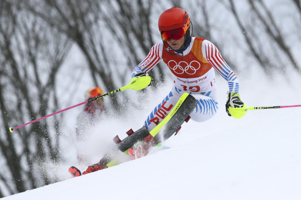 FILE - In this Thursday, Feb. 22, 2018 file photo, United States' Mikaela Shiffrin competes in the women's combined slalom at the 2018 Winter Olympics in Jeongseon, South Korea. Turns out, even two-time World Cup overall champion Mikaela Shiffrin gets nervous in the start gate. It first struck her two years ago and hit her again before the Olympic slalom race last winter when she finished fourth. (AP Photo/Alessandro Trovati, File)