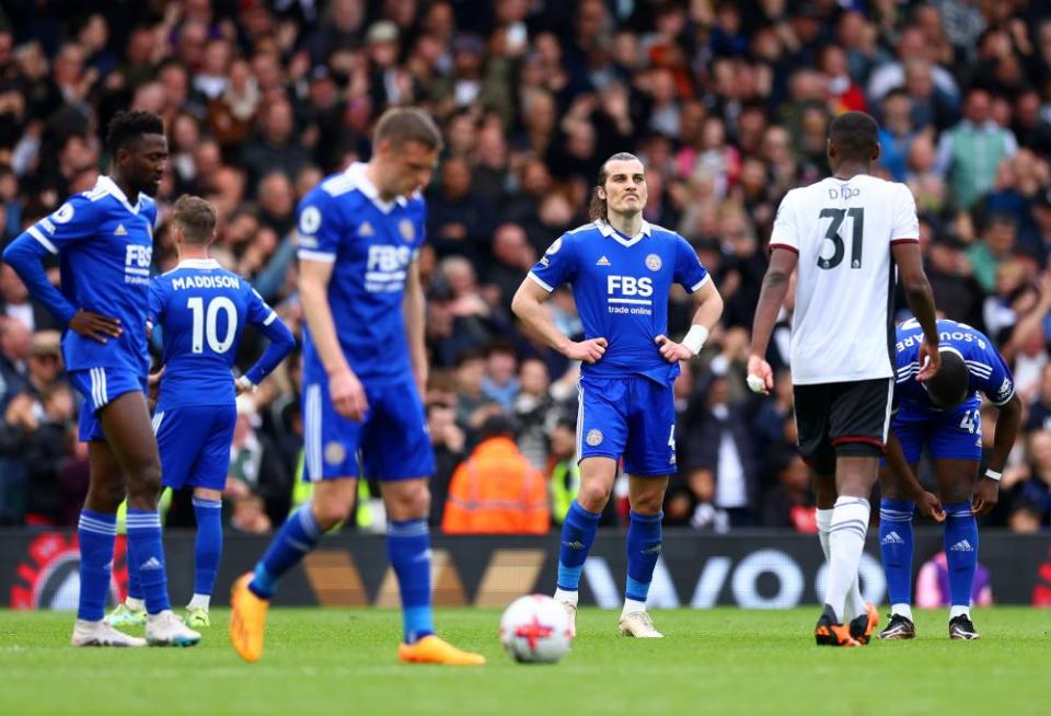 Caglar Soyuncu of Leicester City looks dejected after Willian of Fulham scored his team’s fifth goal at Craven Cottage. Fulham won 5-3
