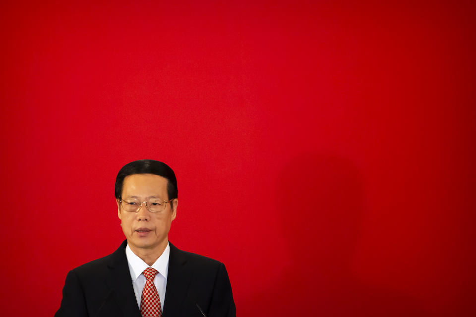 Then-Chinese Vice Premier speaks during the opening session of the China Development Forum in Beijing, Sunday, March 20, 2016. Chinese authorities have squelched virtually all online discussion of sexual assault accusations apparently made by a Chinese professional tennis star against the former top government official, showing how sensitive the ruling Communist Party is to such charges. (AP Photo/Mark Schiefelbein)