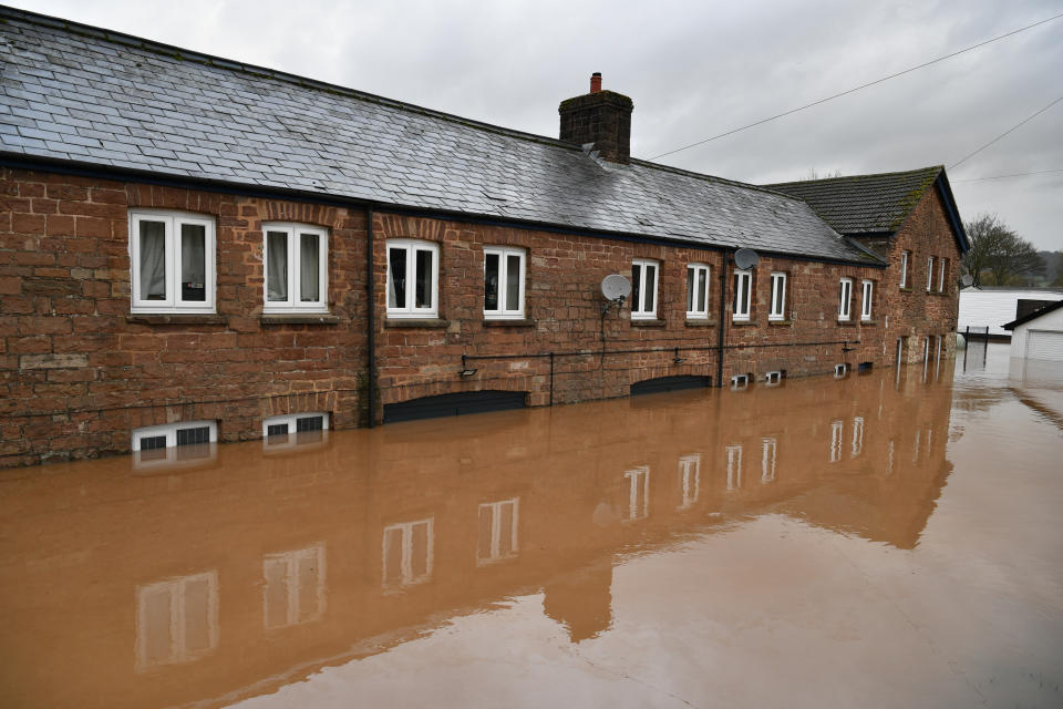 Flooded cottages in Monmouth, in the aftermath of Storm Dennis. (Photo by Ben Birchall/PA Images via Getty Images)