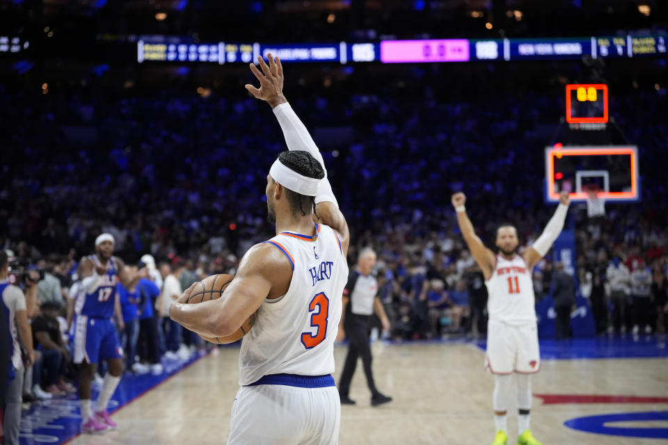 New York Knicks' Josh Hart (3) and New York Knicks' Jalen Brunson react after winning Game 6 in an NBA basketball first-round playoff series against the Philadelphia 76ers, Thursday, May 2, 2024, in Philadelphia. (AP Photo/Matt Slocum)