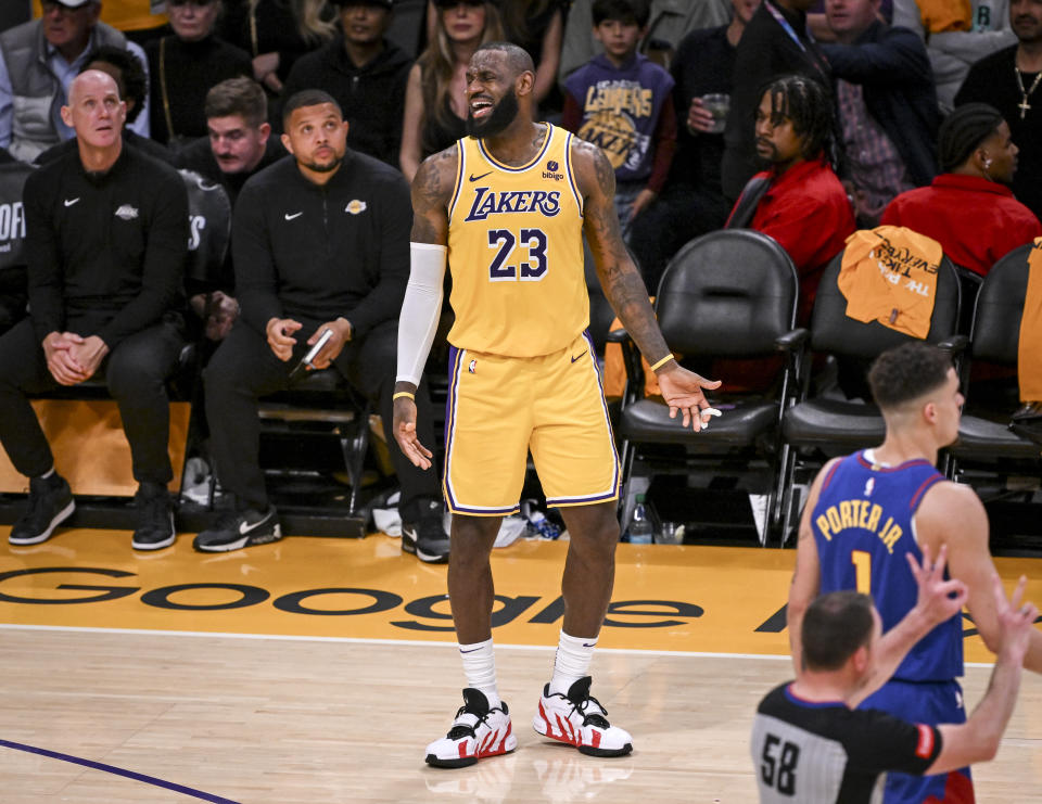 LOS ANGELES, CA - APRIL 25: LeBron James (23) of the Los Angeles Lakers argues being called for fouling Nikola Jokic (15) of the Denver Nuggets during the fourth quarter of the Nuggets' 112-105 win at Crypto.com Arena in Los Angeles on Thursday, April 25, 2024. (Photo by AAron Ontiveroz/The Denver Post)