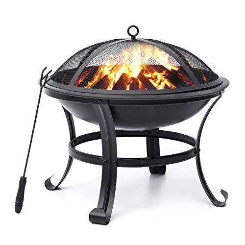 7) KINGSO Fire Pit, 22'' Fire Pits Outdoor Wood Burning Steel BBQ Grill Firepit Bowl with Mesh Spark Screen Cover Log Grate Wood Fire Poker for Camping Picnic Bonfire Patio Backyard Garden Beaches Park