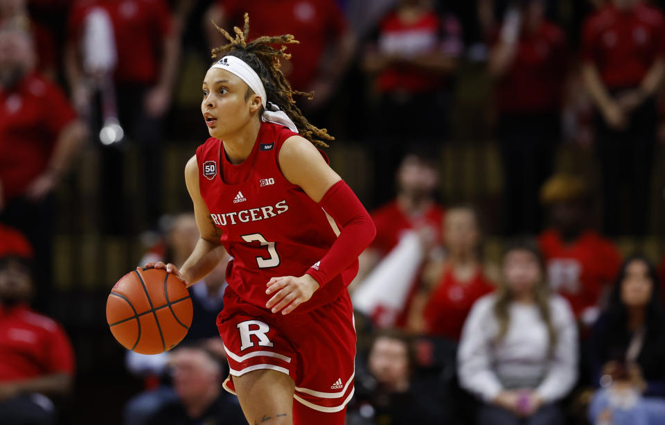 Rutgers guard Mya Petticord (3) brings the ball up against Iowa during the second half of an NCAA college basketball game, Friday, Jan. 5, 2024, in Piscataway, N.J. (AP Photo/Noah K. Murray)