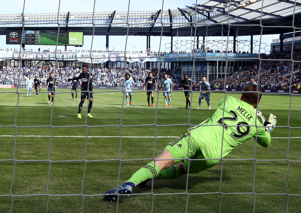 KANSAS CITY, KANSAS - MARCH 10:  Goalkeeper Tim Melia #29 of Sporting Kansas City makes a save on a penalty kick by Marco Fabian #10 of Philadelphia Union during the game at Children's Mercy Park on March 10, 2019 in Kansas City, Kansas. (Photo by Jamie Squire/Getty Images)