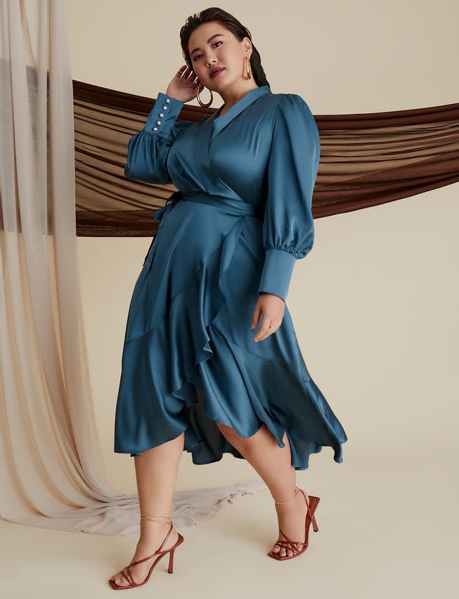 Satin Bishop Sleeve Wrap Dress. Image via Eloquii.