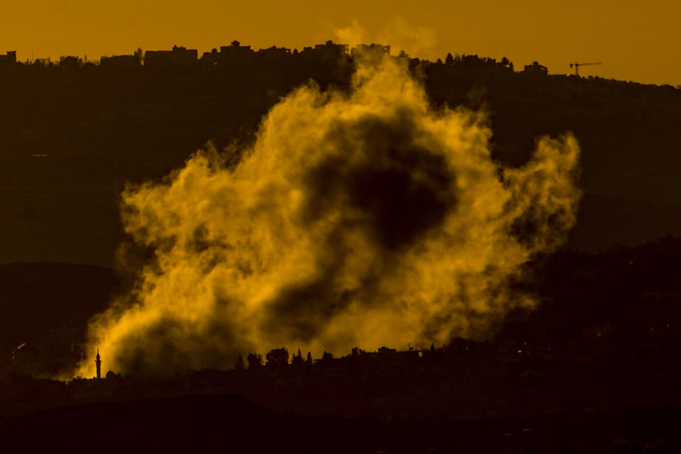 Smoke rises following an Israeli bombardment on southern Lebanon as seen from northern Israel, Thursday, Feb. 29, 2024. (AP Photo/Ariel Schalit)