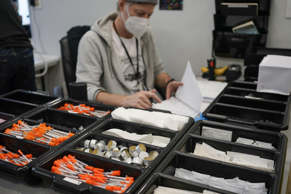 FILE - Supplies for drug users are seen at an overdose prevention center, OnPoint NYC, in New York, Feb. 18, 2022. Across the U.S., drug overdoses killed an estimated 100,000 people in 2021, according to federal health officials. That has pushed lawmakers in Colorado, New Mexico and Nevada to consider joining New York in allowing what are often called “overdose prevention centers" — spaces where people can use illicit drugs under the supervision of trained staff who could reverse an overdose if necessary. (AP Photo/Seth Wenig, File)