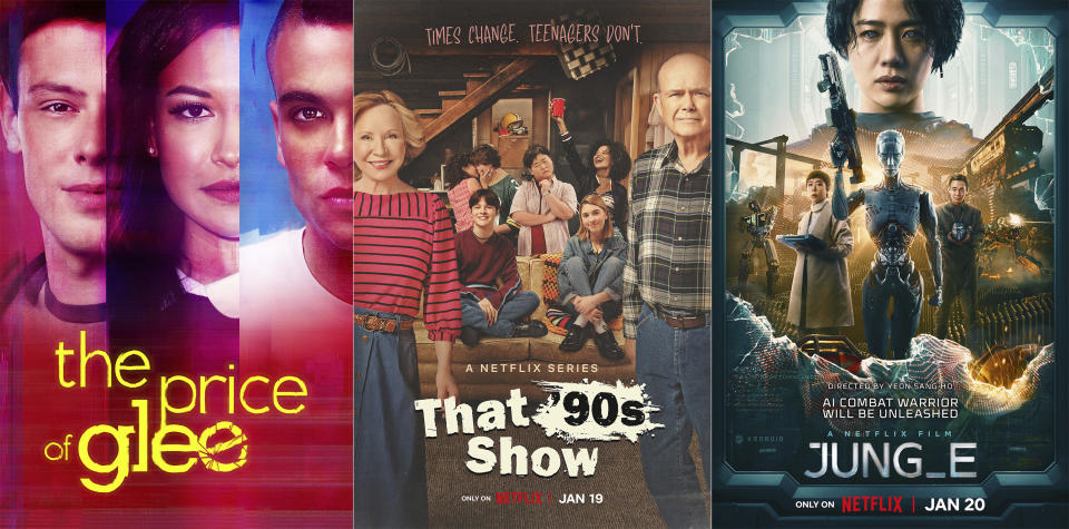 This combination of photos shows promotional art for "The Price of Glee," a series premiering Monday, Jan. 16 on ID, left,"That 90s Show," a series premiering Jan. 19 on Netflix and "JUNG_E," a film premiering Jan. 20 on Netflix. (ID/Netflix.Netflix via AP)