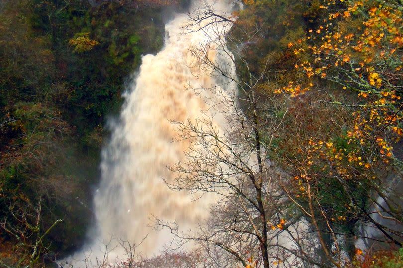 Ceunant Mawr waterfall in full spate after heavy rainfall
