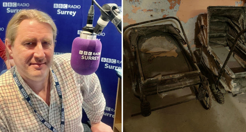 Left: David Miller wearing a shirt and lanyard behind a BBC Radio microphone. Right: The two spooky finds from inside the room that appear to be old-fashioned prams. 