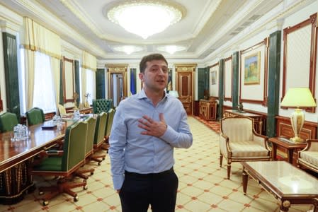Ukraine's President Volodymyr Zelenskiy is seen in his office at the Presidential Administration building in Kiev