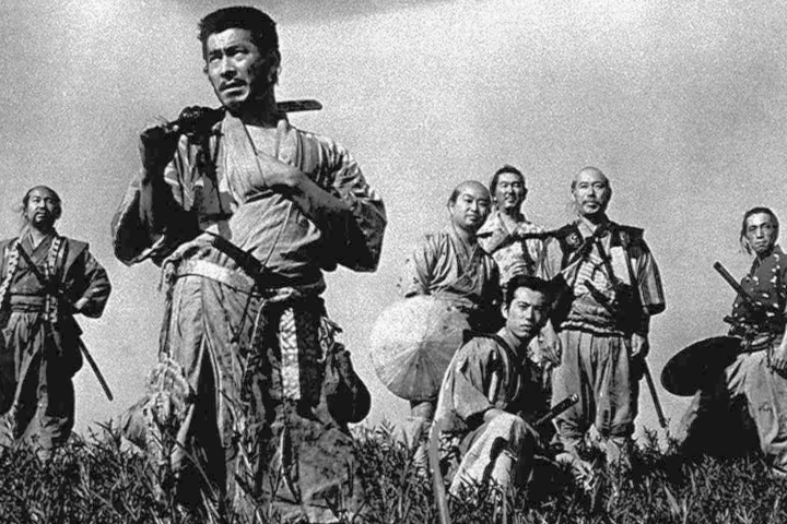 Toshirô Mifune, Minoru Chiaki, Yoshio Inaba, Daisuke Katô, Isao Kimura, Seiji Miyaguchi, and Takashi Shimura in Seven Samurai (1954)